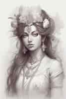 Free photo pencil sketch of the hindu goddess lakshmi