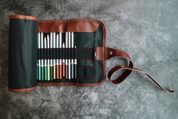 Pencils in leather bag