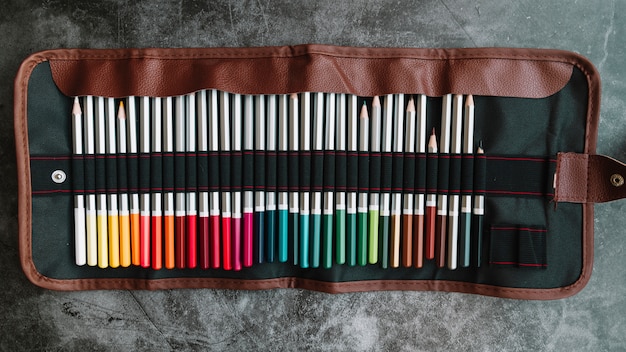 Pencils in leather bag