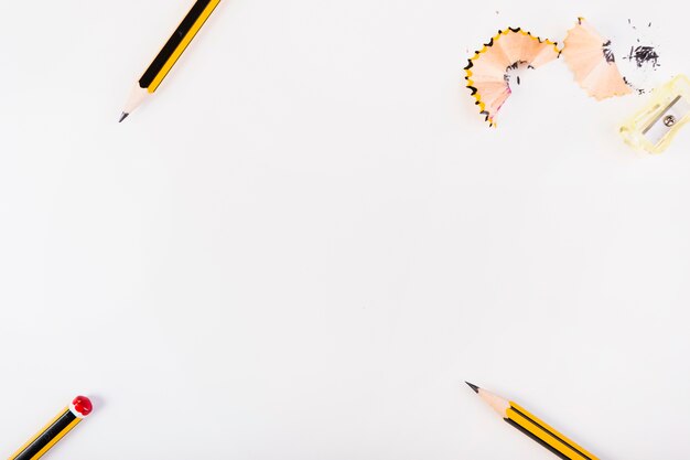 Pencils and sharpener with shavings