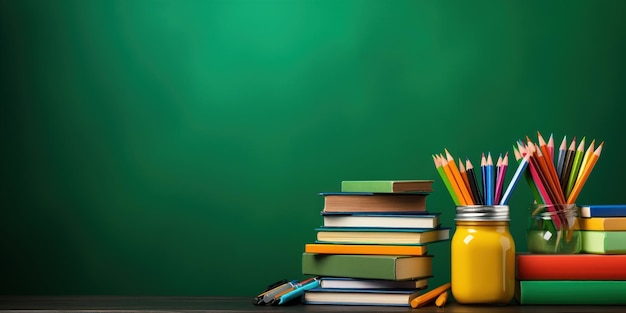 Free photo pencils in a wire holder on books near a chalkboard back to school