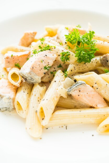 Penne carbonara pasta with salmon