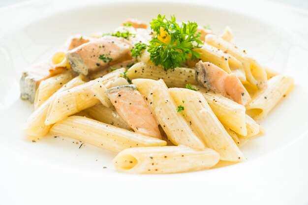 Penne carbonara pasta with salmon