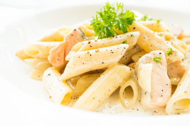 Penne carbonara pasta with salmon