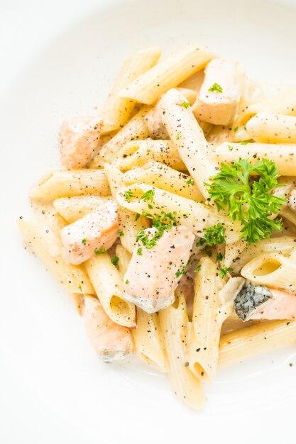 Penne carbonara pasta with salmon