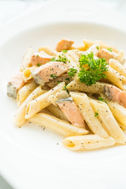 Penne carbonara pasta with salmon