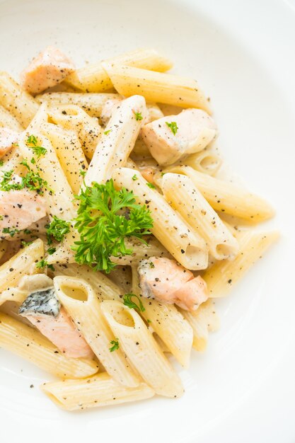 Penne carbonara pasta with salmon