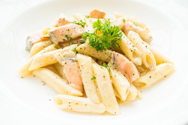 Penne carbonara pasta with salmon