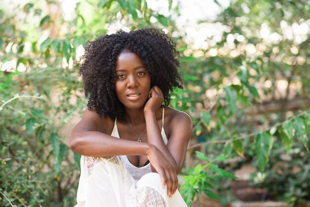 Pensive Attractive African American Woman in Park