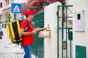 Free photo pensive deliveryman in red cap ringing in doorbell of recipient. middle-aged courier with yellow thermal backpack delivering express order and standing on street. delivery service and post concept