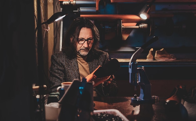 Pensive shoe master in glasses is working on his new shoes collection at his workshop.