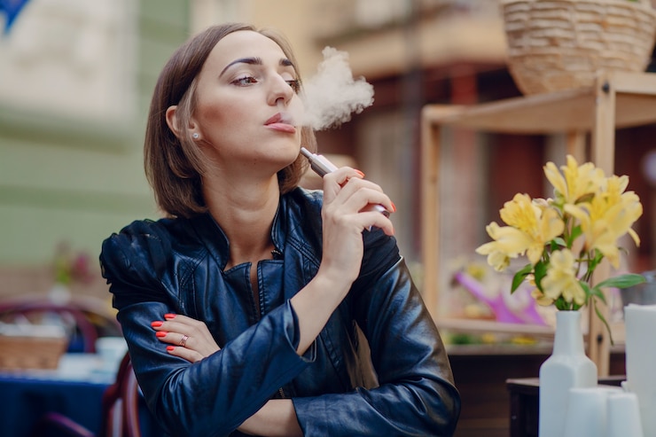 Free Photo pensive woman enjoying her electronic cigarette