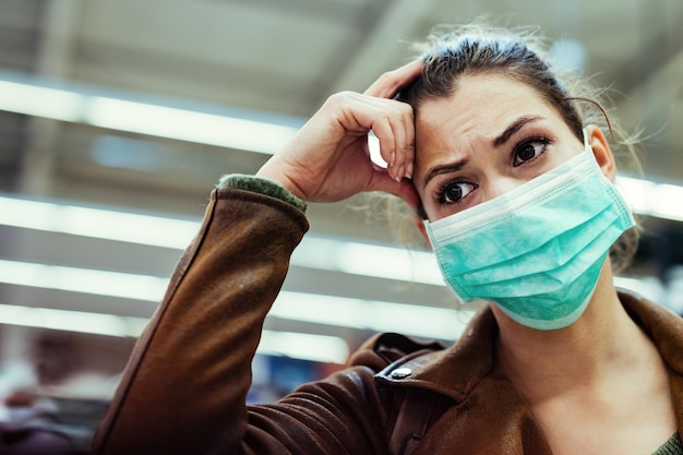 Задумчивая женщина с маской для лица беспокоится, покупая в магазине во время эпидемии вируса