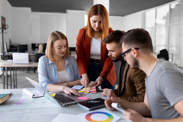 people brainstorming in a work meeting