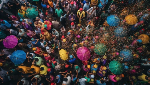 Foto gratuita persone che festeggiano in mezzo alla folla con ombrelloni colorati