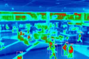 Foto gratuita persone in una scansione termica colorata con temperatura in gradi centigradi