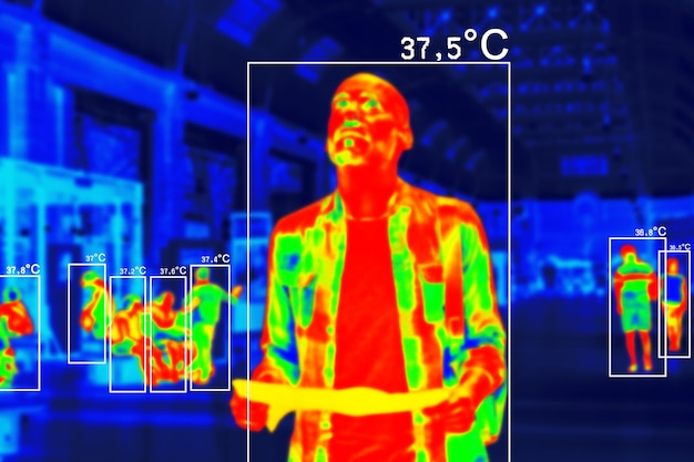 People in colorful thermal scan with celsius degree temperature