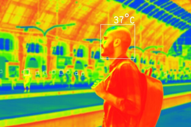 People in colorful thermal scan with celsius degree temperature