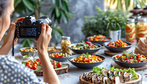 Foto gratuita persone che creano contenuti alimentari da caricare su internet per gli amanti del cibo