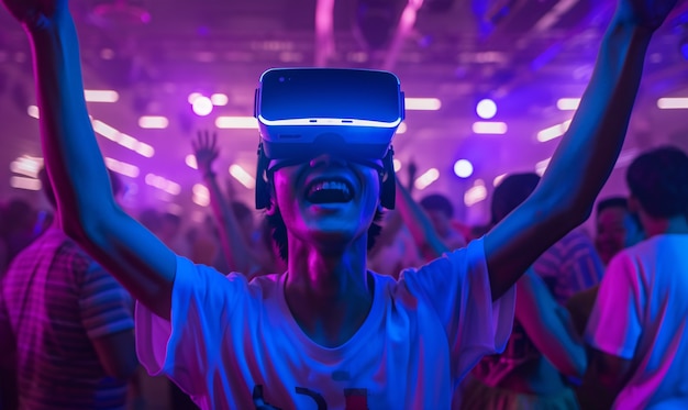 People dancing at an immersive party with virtual reality headset and bright neon colors