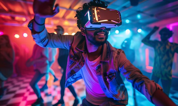 Люди танцуют на захватывающей вечеринке с наушниками виртуальной реальности и яркими неоновыми цветами