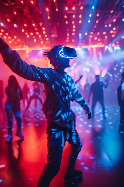People dancing at an immersive party with virtual reality headset and bright neon colors