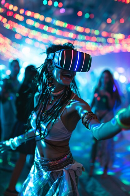 People dancing at an immersive party with virtual reality headset and bright neon colors