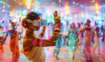 Foto gratuita persone che ballano ad una festa immersiva con cuffie di realtà virtuale e colori al neon brillanti