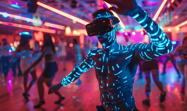 People dancing at an immersive party with virtual reality headset and bright neon colors