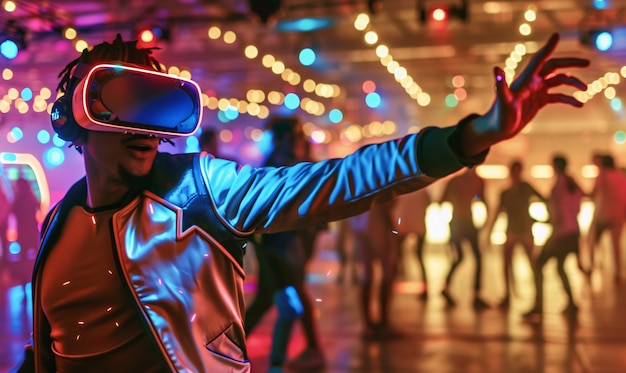 People dancing at an immersive party with virtual reality headset and bright neon colors