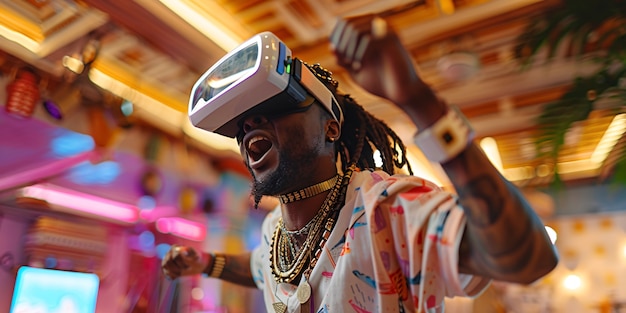 Foto gratuita persone che ballano ad una festa immersiva con cuffie di realtà virtuale e colori al neon brillanti