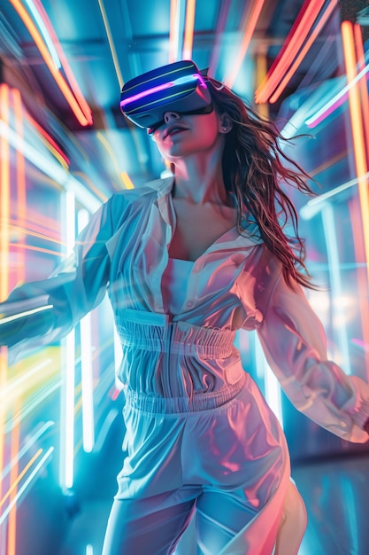 Foto gratuita persone che ballano ad una festa immersiva con cuffie di realtà virtuale e colori al neon brillanti