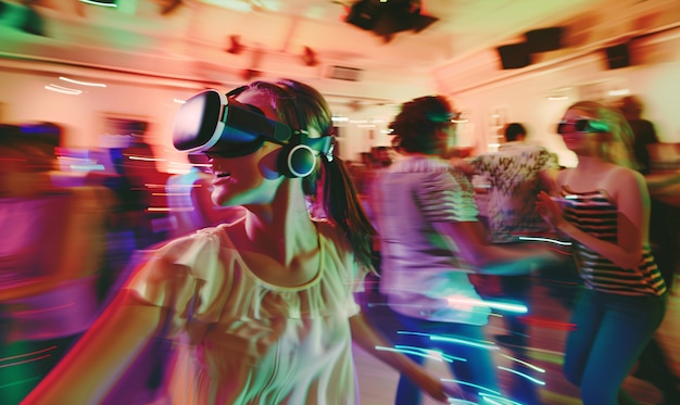 Persone che ballano ad una festa immersiva con cuffie di realtà virtuale e colori al neon brillanti