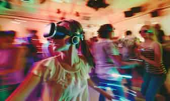 Foto gratuita persone che ballano ad una festa immersiva con cuffie di realtà virtuale e colori al neon brillanti