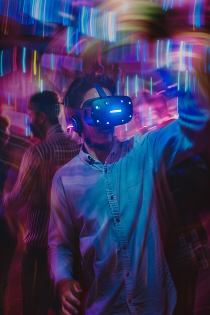 People dancing at an immersive party with virtual reality headset and bright neon colors