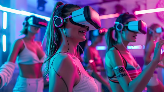 Foto gratuita persone che ballano ad una festa immersiva con cuffie di realtà virtuale e colori al neon brillanti