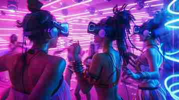 無料写真 バーチャルリアリティヘッドセットを使ったパーティーで明るいネオンライトに囲まれて踊る人々
