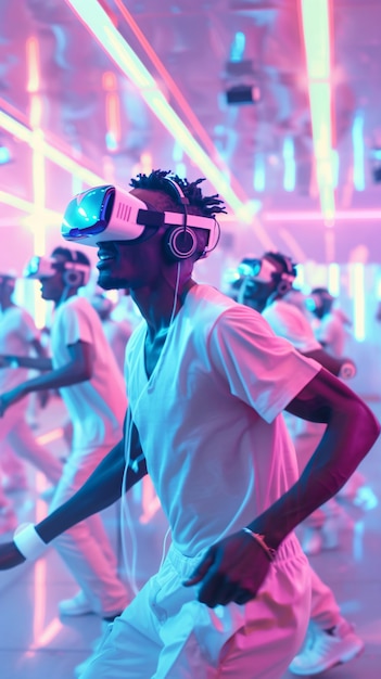 Бесплатное фото Люди танцуют в окружении ярких неоновых огней на вечеринке с гарнитурами виртуальной реальности