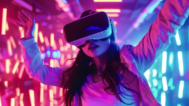 People dancing surrounded by bright neon lights at a party with virtual reality headset