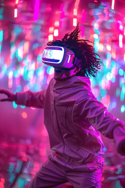 Persone che ballano circondate da luminose luci al neon ad una festa con cuffie di realtà virtuale