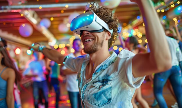 People dancing surrounded by bright neon lights at a party with virtual reality headset
