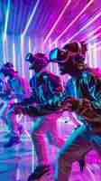 Free photo people dancing surrounded by bright neon lights at a party with virtual reality headset