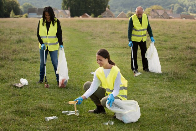 People doing community service by collecting trash