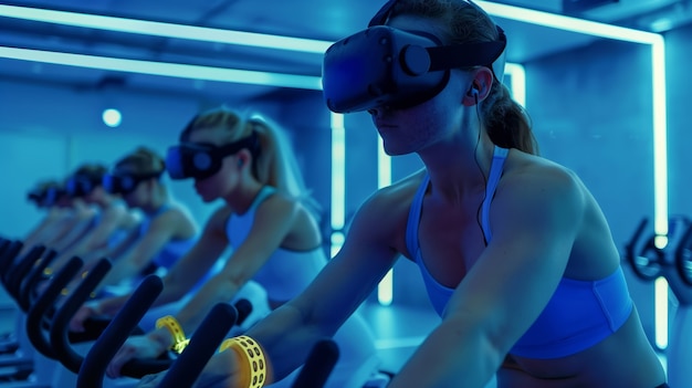 Free photo people doing fitness through virtual reality