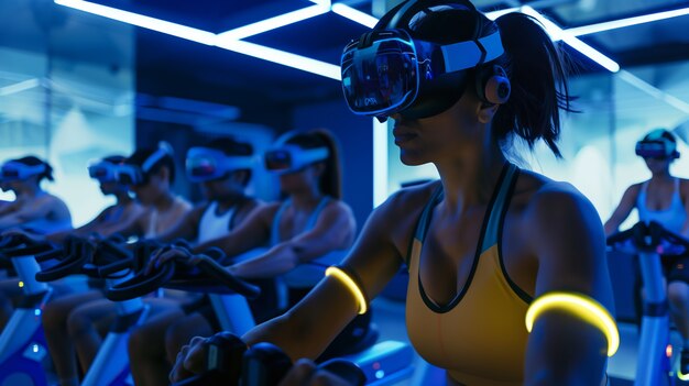 People doing fitness through virtual reality