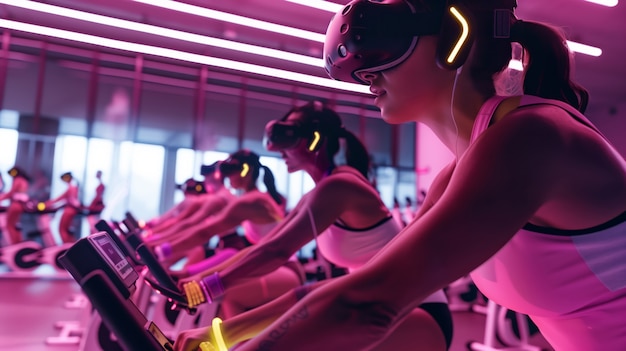 Foto gratuita persone che fanno fitness attraverso la realtà virtuale