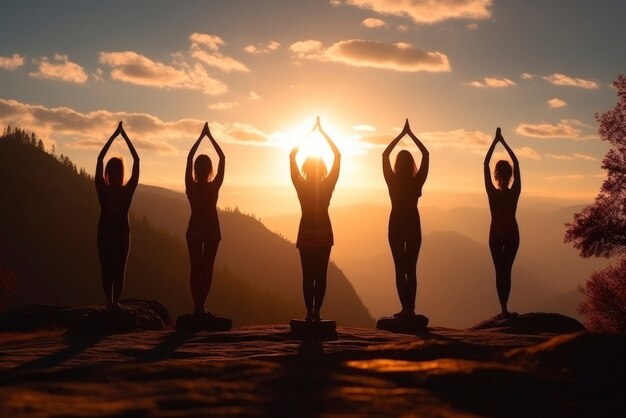People doing yoga at sunset