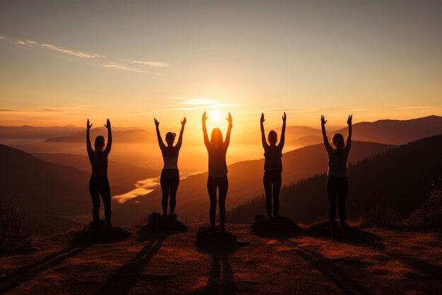 People doing yoga at sunset