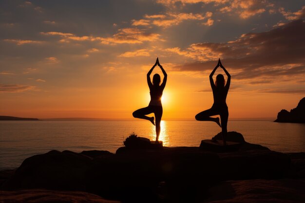 People doing yoga at sunset