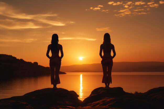 People doing yoga at sunset